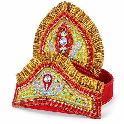 Red and gold Small Mukut angled view showing layered crown panels