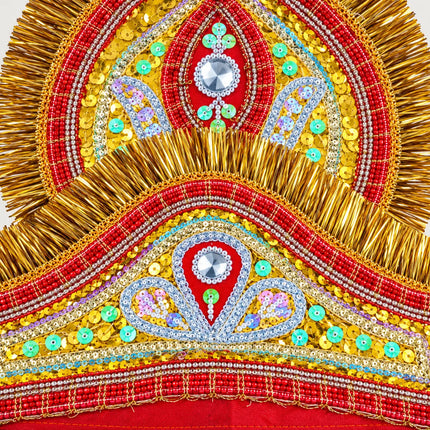 Close-up of red borders, gold fringe and sequin details on Small Mukut