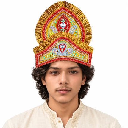 Model wearing red and gold two-tier Mukut against a white background