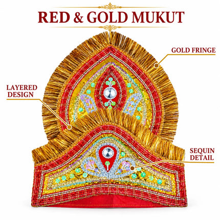 Red and gold Mukut guide showing layered design, gold fringe and sequin details