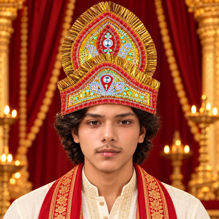 Performer wearing red and gold Mukut with a traditional stage outfit