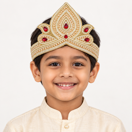 Pearl and Red Golden Mukut Crown for Kids (6-10 Years) – Pack of 6