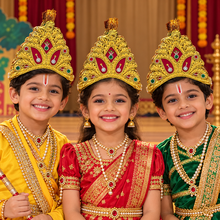 Grand Golden Mukut Crown with Jewel Accents for Kids (12-15 Years) – Set of 12