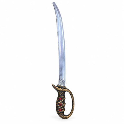 Curved silver-blue costume sword with gold-tone loop handle and red accents