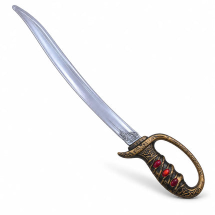 Angled view of curved silver-blue costume sword