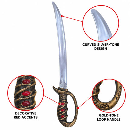 Sword curved design, red accents and gold-tone loop handle details