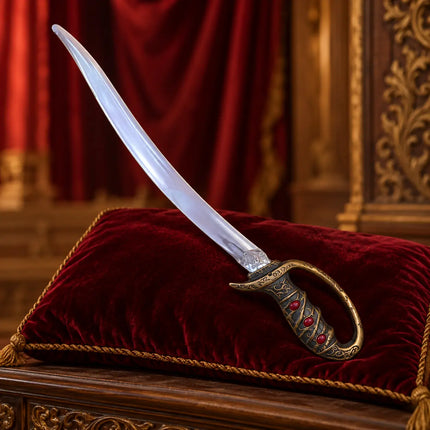 Curved costume sword displayed on a velvet cushion