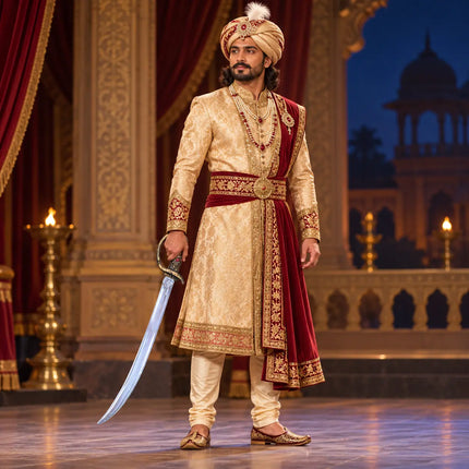 Indian royal costume styling with curved sword accessory