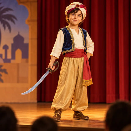 Child in a storybook costume holding the curved sword prop