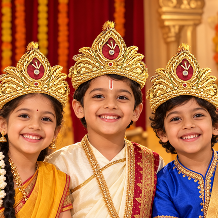 Royal Golden Mukut Crown with Burgundy Panel for Kids (8-12 Years) – Set of 12