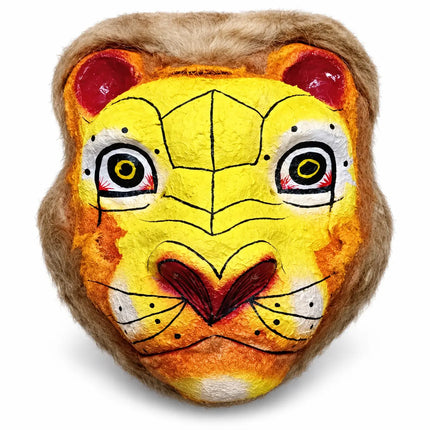Yellow Tiger Mask Spring paper mache mask with closed mouth and brown trim