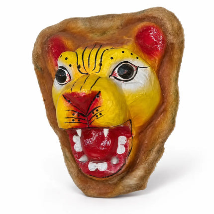 Angled view of yellow animal face mask with brown border