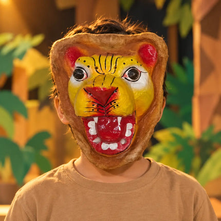 Animal face mask styled in a jungle-themed stage setting