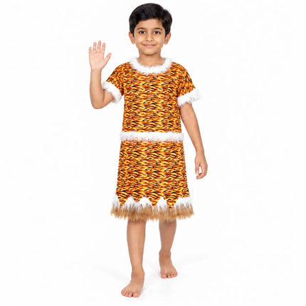 Tiger-print design reference with raised hand; child model does not show adult fit