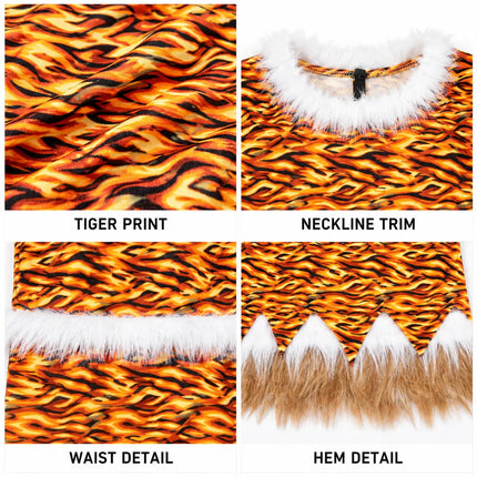 Tiger-print costume neckline waist and hem detail reference