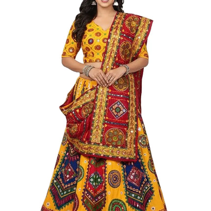 Traditional Gujarati Garba Lehenga Choli with Dupatta for Women – Yellow & Red Embroidered Navratri Outfit fancydresswale.com