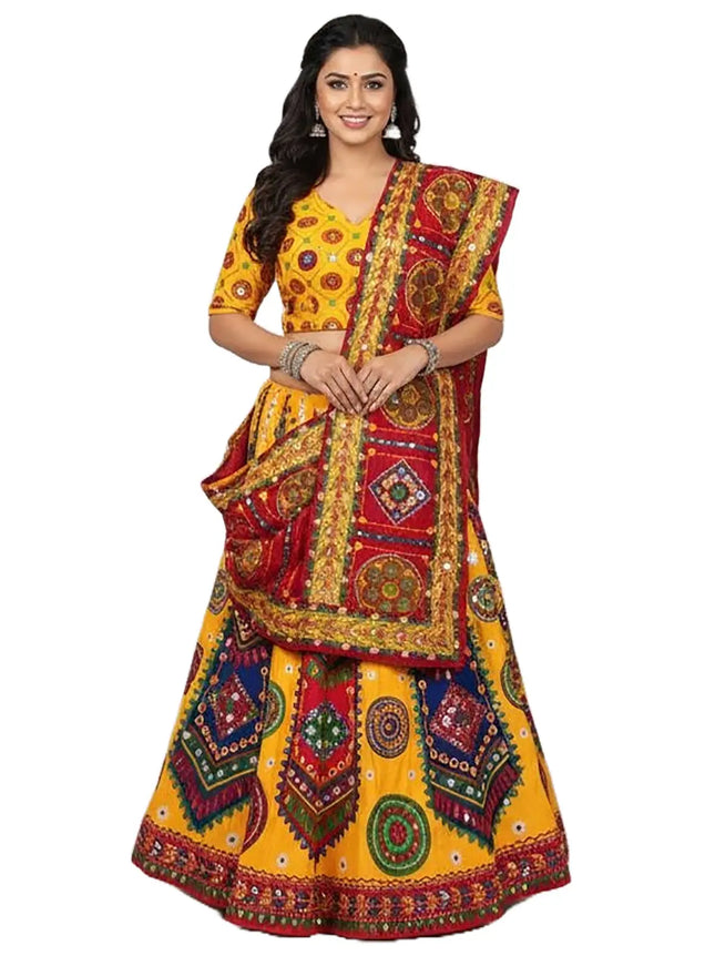 Traditional Gujarati Garba Lehenga Choli with Dupatta for Women – Yellow & Red Embroidered Navratri Outfit fancydresswale.com