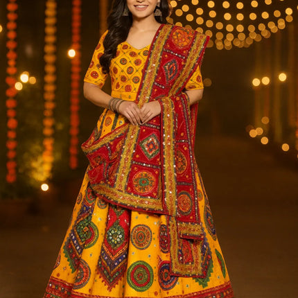 Traditional Gujarati Garba Lehenga Choli with Dupatta for Women – Yellow & Red Embroidered Navratri Outfit fancydresswale.com