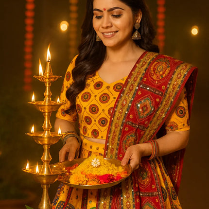 Traditional Gujarati Garba Lehenga Choli with Dupatta for Women – Yellow & Red Embroidered Navratri Outfit fancydresswale.com
