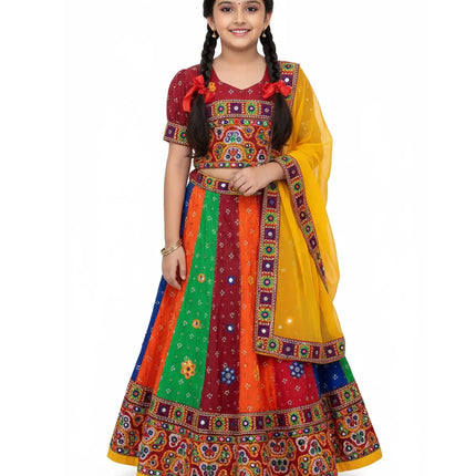 Traditional Gujarati Navratri Lehenga Choli for Girls – Multicolor Embroidered Garba Dress with Dupatta fancydresswale.com