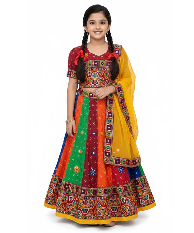 Traditional Gujarati Navratri Lehenga Choli for Girls – Multicolor Embroidered Garba Dress with Dupatta fancydresswale.com