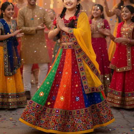 Traditional Gujarati Navratri Lehenga Choli for Girls – Multicolor Embroidered Garba Dress with Dupatta fancydresswale.com