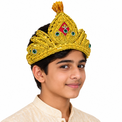 Royal Golden Mukut Crown with Green Jewel for Kids (12-15 Years) – Set of 12