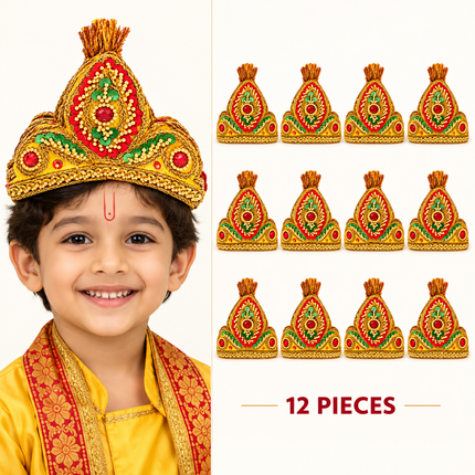 Child wearing ornate golden mukut crown with 12 piece set display