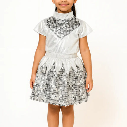 Western Dance Dress Girls Silver Sequin Dance Dress – Shiny Stage Performance & Annual Day Costume Fancydresswale.com