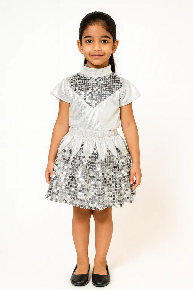 Western Dance Dress Girls Silver Sequin Dance Dress – Shiny Stage Performance & Annual Day Costume Fancydresswale.com