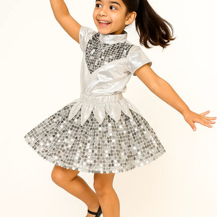 Western Dance Dress Girls Silver Sequin Dance Dress – Shiny Stage Performance & Annual Day Costume Fancydresswale.com