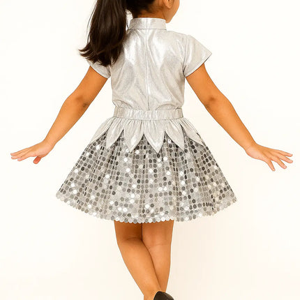 Western Dance Dress Girls Silver Sequin Dance Dress – Shiny Stage Performance & Annual Day Costume Fancydresswale.com