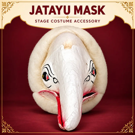 White Jatayu Mask displayed on a maroon theatrical background