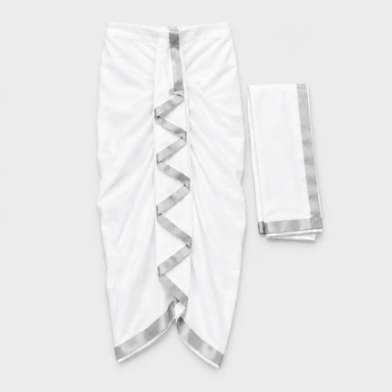 White Mahabharat drape border on light-gray background