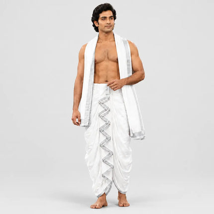 White Mahabharat dhoti AI model on light-gray studio background