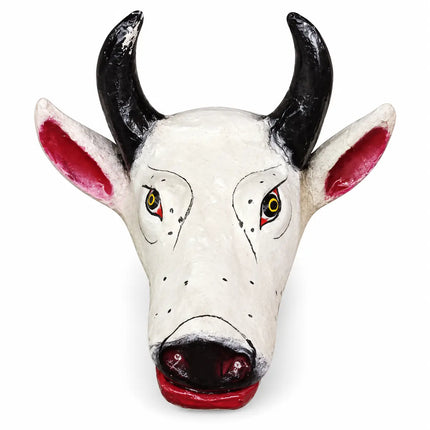 White Nandi Bull Mask with curved black horns on white background