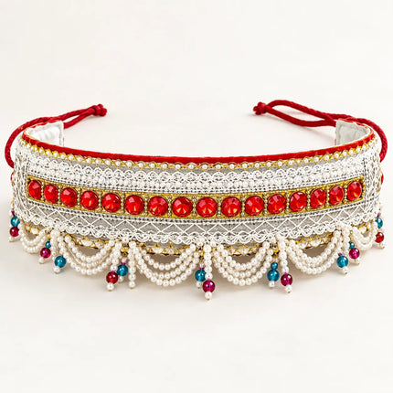 White Red Moti Belt – Pearl-Style Beaded Kamar Belt fancydresswale.com