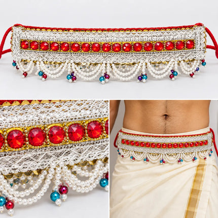 White Red Moti Belt – Pearl-Style Beaded Kamar Belt fancydresswale.com