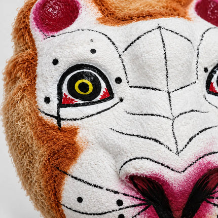 Close-up of white textured face and painted eye details on Tiger Mask