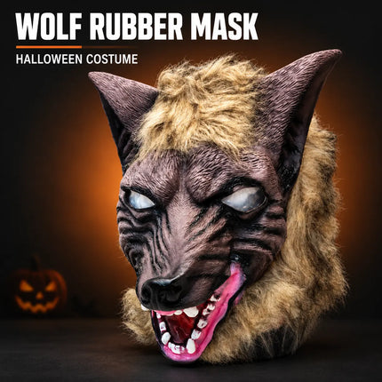 Wolf Rubber Mask displayed in a Halloween-themed setting