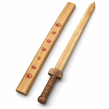 Angled display of wooden costume sword and matching cover