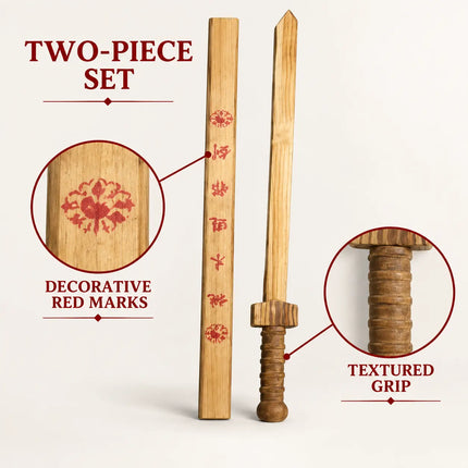 Wooden sword and cover detail guide showing red markings and ridged grip