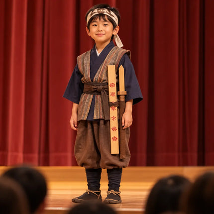 Samurai-inspired stage costume styling with wooden sword and cover