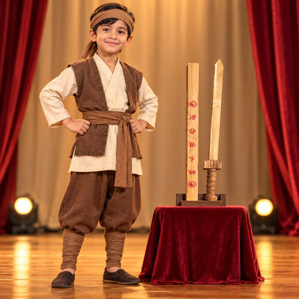 Storybook costume beside wooden sword and cover on a separate display stand