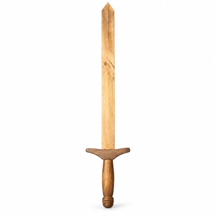 Wooden Sword with light wood-tone blade, wide crossguard and shaped brown handle