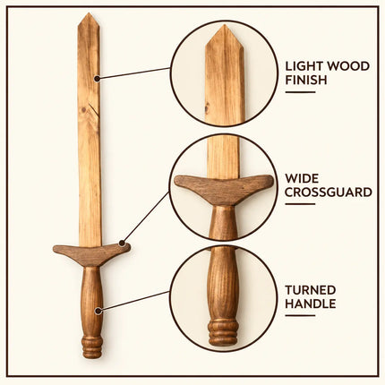 Wooden Sword detail guide showing blade, wide crossguard and shaped handle