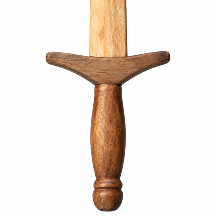 Close-up of Wooden Sword brown crossguard and handle with ring-style base
