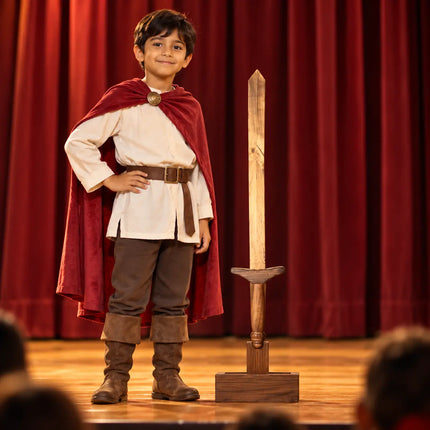 Storybook stage costume beside Wooden Sword on a separate display stand