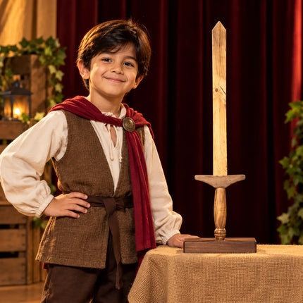 Storybook costume styling with Wooden Sword displayed on a separate stand