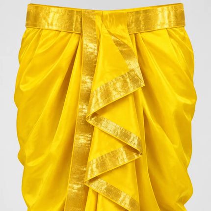 Yellow Mahabharat dhoti front draping close-up